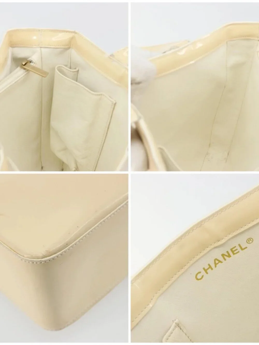 CHANEL Tote Bag Patent leather Ivory Gold CC Auth bs34540